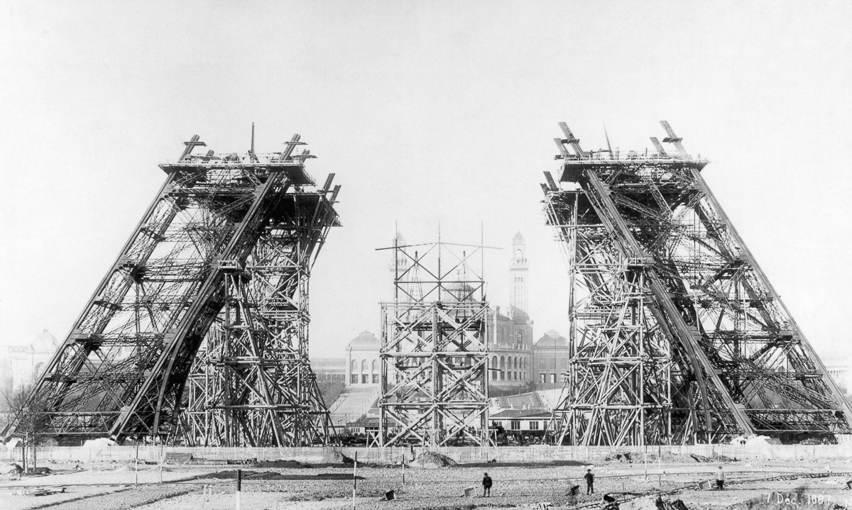 1887-1889, Paris, France --- The four sloping legs of the Eiffel Tower undergo construction in 1887 at the Champ-de-Mars in Paris. Civil engineer Gustave Eiffel designed the unique all-steel tower as a temporary structure for the Centennial Exposition of 1889. Instead of being demolished, it became a permanent fixture and a symbol of the city. --- Image by © Corbis